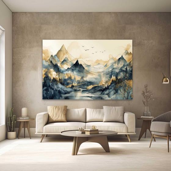 Imagem de Quadro Decorativo Paisagem Abstrato Montanhas Azul Bege Grande Escritório Hall 130x60 em Tecido Canvas 