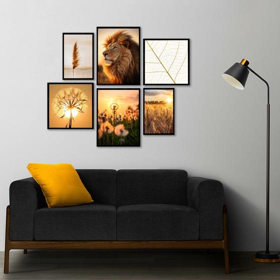 Imagem de Quadro Decorativo Paisagem e Leão Conjunto com 6 telas 20x30 30x30 e 30x40 de Parede para Sala Quarto Escritório