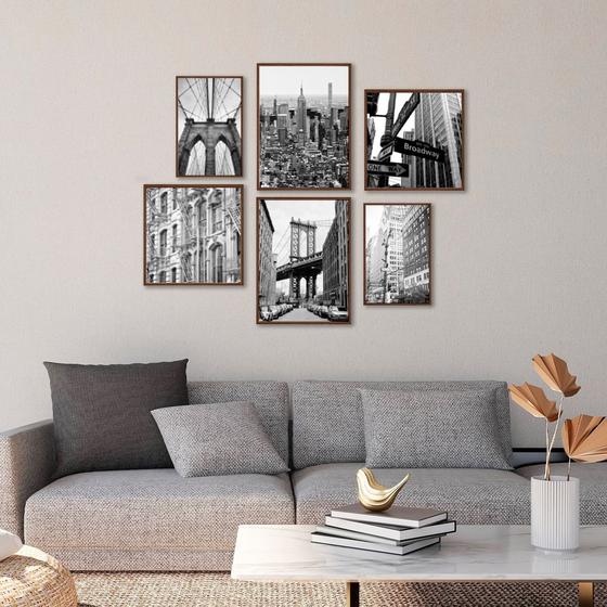 Imagem de Quadro Decorativo Paisagem Nova York Preto e Branco Conjunto 6 Telas 20x30 30x30 e 30x40 de Parede para Escritório Lavabo Hall