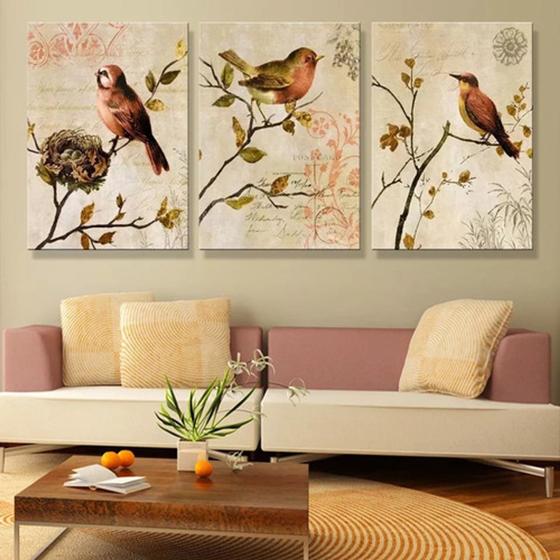 Imagem de Quadro Decorativo Paisagem Passaros Linda 3 Peças