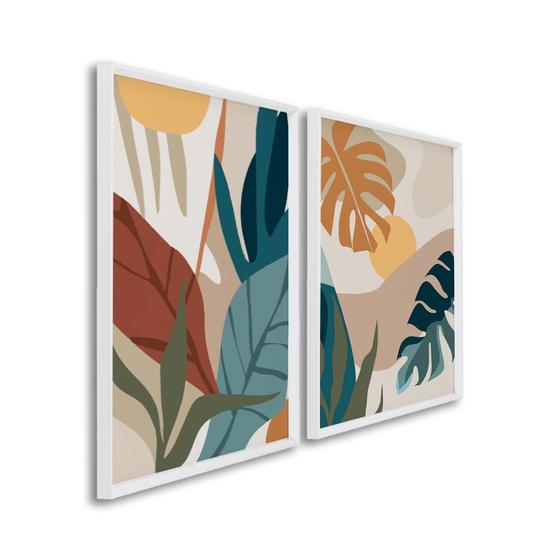 Imagem de Quadro Decorativo Paisagem Tropical Plantas e Folhas com 2 Telas de Parede para Sala Quarto Escritório