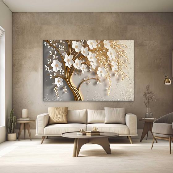 Imagem de Quadro Decorativo para Quarto Sala Dourado Floral Flores Branca  Grande Escritório Hall Cozinha Corredor 