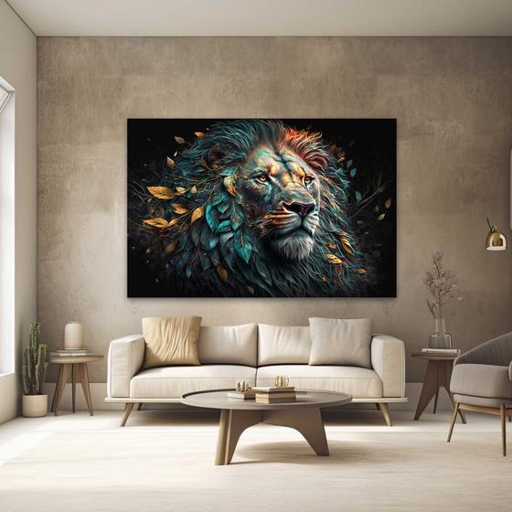 Imagem de Quadro Decorativo para Quarto Sala Leão Abstrato com Folhas  Grande Escritório Hall Cozinha Corredor 