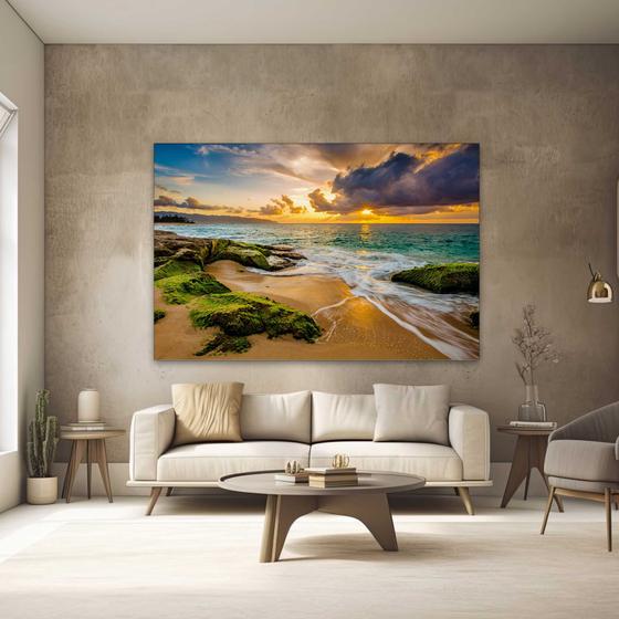 Imagem de Quadro Decorativo para Quarto Sala Paisagem  Praia Por do Sol Pedras Grande Escritório Hall Cozinha Corredor 