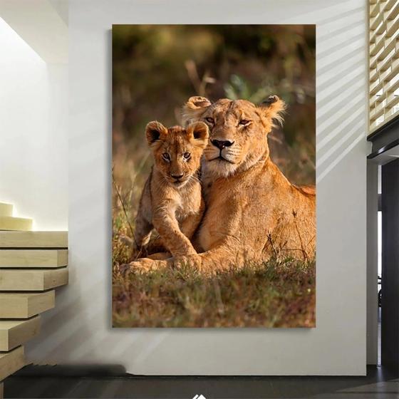 Imagem de Quadro Decorativo para Sala Quarto Escritório Grande Leoa e Filhote 2 90x60