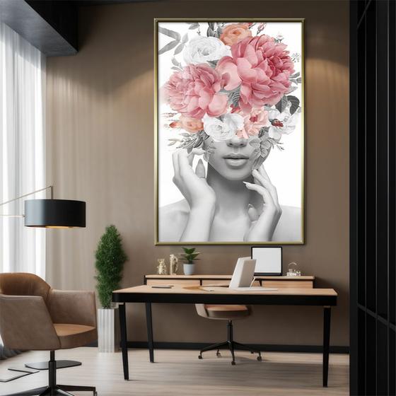 Imagem de Quadro Decorativo para Sala Quarto Escritório Grande Mulher com Flor 90x60