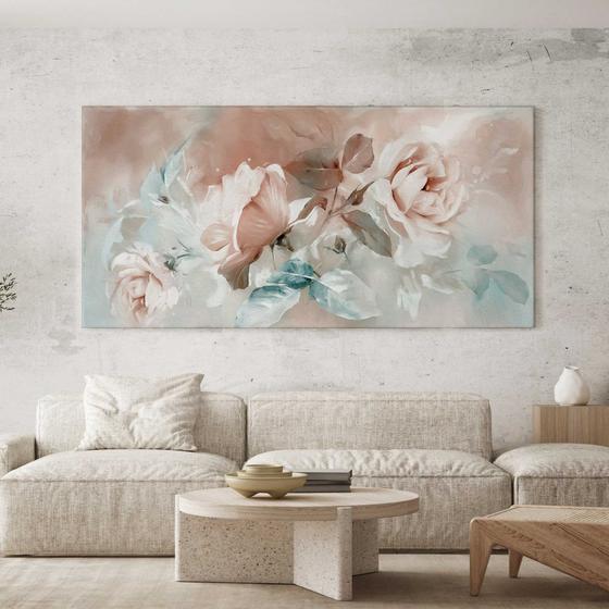 Imagem de Quadro Decorativo para Sala Quarto Hall Arte Floral Rosa e Azul Abstrato Horizontal Grande Decoração Parede Tela