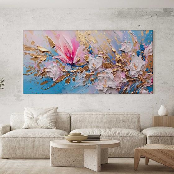 Imagem de Quadro Decorativo para Sala Quarto Hall Arte Floral Rosê Dourado Pintura Horizontal Grande Decoração Parede Tela