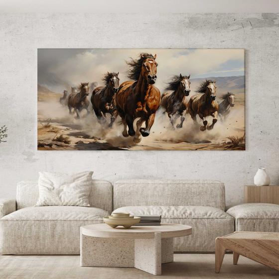 Imagem de Quadro Decorativo para Sala Quarto Hall Cavalos Correndo Pintura  Horizontal Grande Decoração Parede Tela
