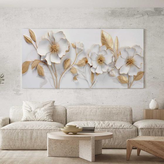 Imagem de Quadro Decorativo para Sala Quarto Hall Floral Branca e Dourada Floral Horizontal Grande Decoração Parede Tela