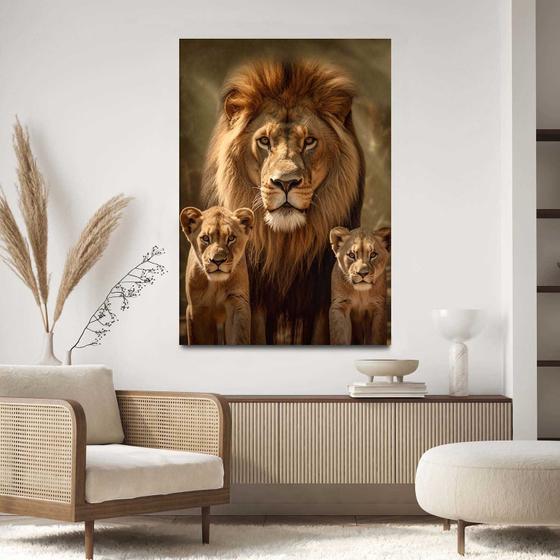 Imagem de Quadro Decorativo Para Sala Quarto Hall Leão com 2 Filhotes Savana