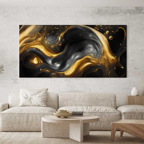 Imagem de Quadro Decorativo para Sala Quarto Hall Liquido Abstrato Preto e Dourado Horizontal Grande Decoração Parede Tela