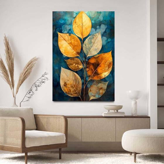 Imagem de Quadro Decorativo Para Sala Quarto Hall Lotus Dourado Azul Arte Moderna130x60 em Tecido Canvas 