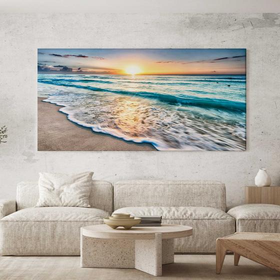 Imagem de Quadro Decorativo para Sala Quarto Hall Paisagem Praia Nascer Sol Horizontal Grande Decoração Parede Tela