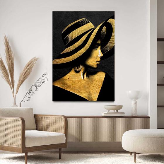 Imagem de Quadro Decorativo Para Sala Quarto  Hall Tela vertical Grande Mulher arte Chapeu Dourado Preto