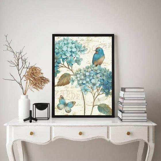 Imagem de Quadro Decorativo Passarinho Com Hortências 33X24Cm - Vidro