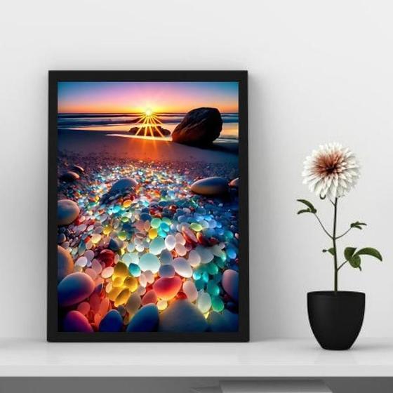 Imagem de Quadro Decorativo Pedras Coloridas Praia Por Do Sol 33X24Cm