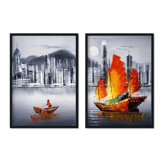 Imagem de Quadro Decorativo Pintura Barco Vermelho Preto Cidade Mar Quarto Sala