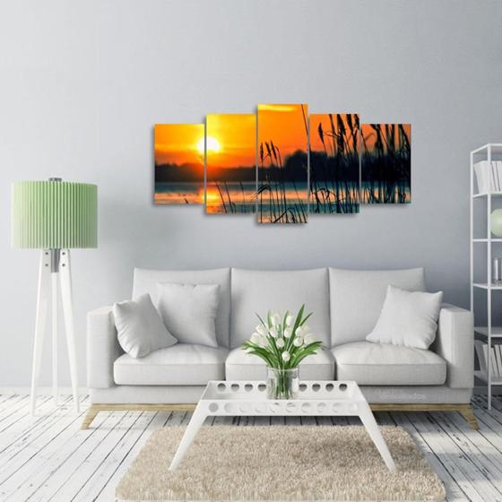 Imagem de Quadro decorativo Plantas Lago Pôr do Sol Conjunto 5 Peças