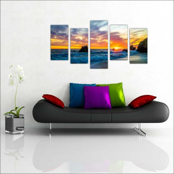 Imagem de Quadro Decorativo Praia Mar Pedra Sol Paisagens Natureza Decorações Salas 5 peças Moldura