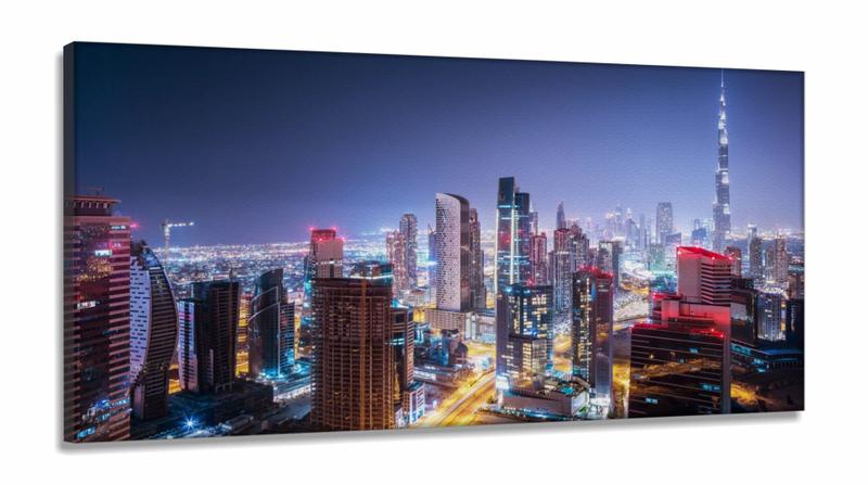 Imagem de Quadro Decorativo Prédios Cidade Dubai Vista Noturna em Tecido Canvas 130x60