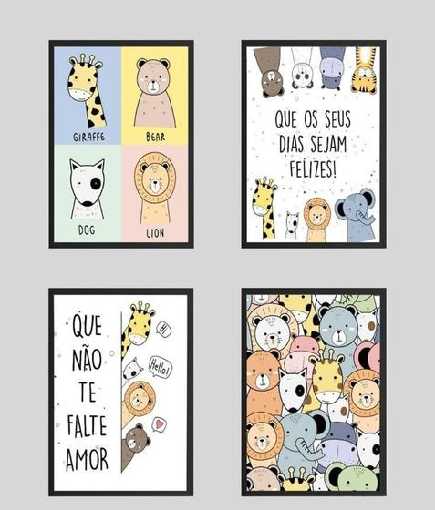 Imagem de Quadro Decorativo Quarto Bebê Animais Coloridos Kit 4 peças 20x30 Decoração Mosaico