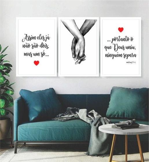 Imagem de Quadro Decorativo Quarto Casal Frases Deus Mãos Dadas Kit 3 peças 20x30cm