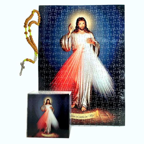 Imagem de Quadro Decorativo Quebra-Cabeça Jesus Misericordioso de 300 peças + Terço Especial