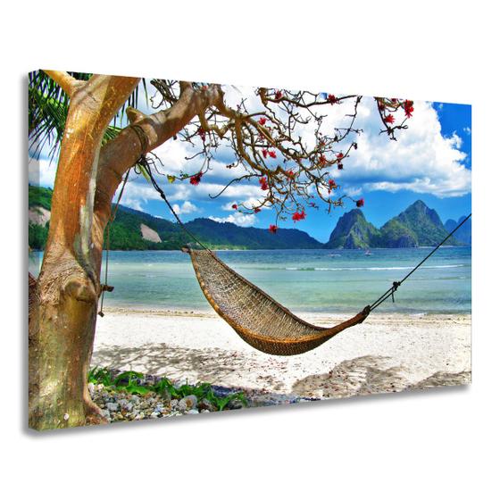 Imagem de Quadro Decorativo Rede Praia Paisagem Natureza Tela Grande Sala Quarto Cozinha Escritório 55x90cm
