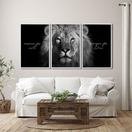 Imagem de Quadro Decorativo Religioso Nunca Foi Sorte, Sempre Foi Deus Preto e Branco com 3 telas 50x75 e 60x90 para Sala Quarto Hall 