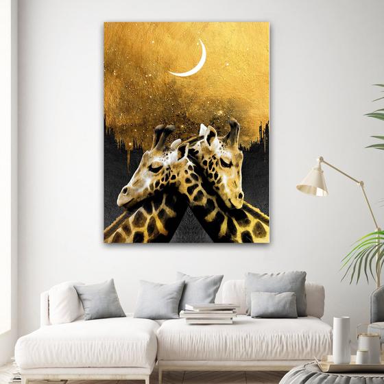 Imagem de Quadro Decorativo Sala   Girafas casal Dourada   98x70