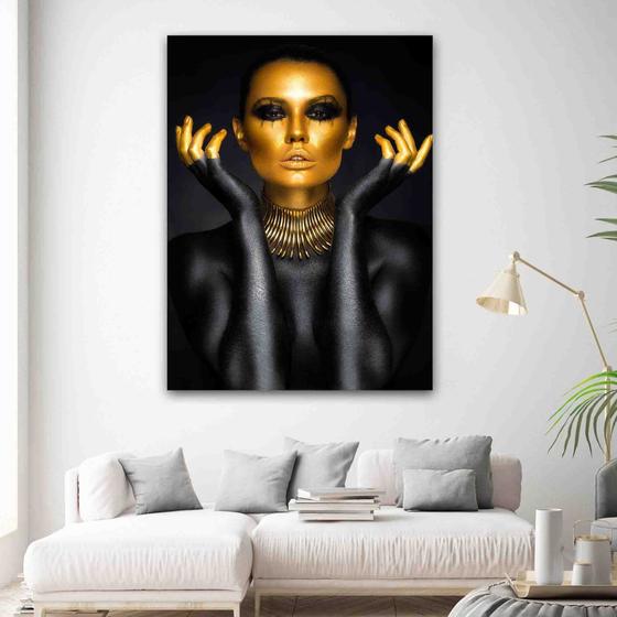 Imagem de Quadro Decorativo sala Mulher Rosto Dourado Elegante 60x40 Quadro Quarto Hall Cozinha