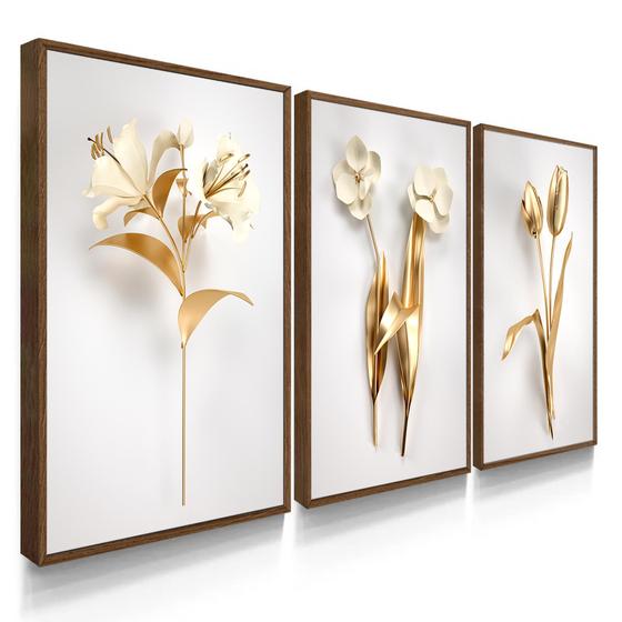 Imagem de Quadro Decorativo Sala Quarto Flores Douradas e Branco