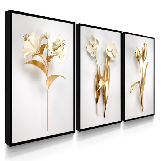 Imagem de Quadro Decorativo Sala Quarto Flores Douradas e Branco