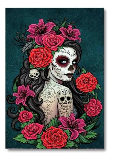 Imagem de Quadro Decorativo Sala Quarto Tatuagem Caveira Mexicana Mdf