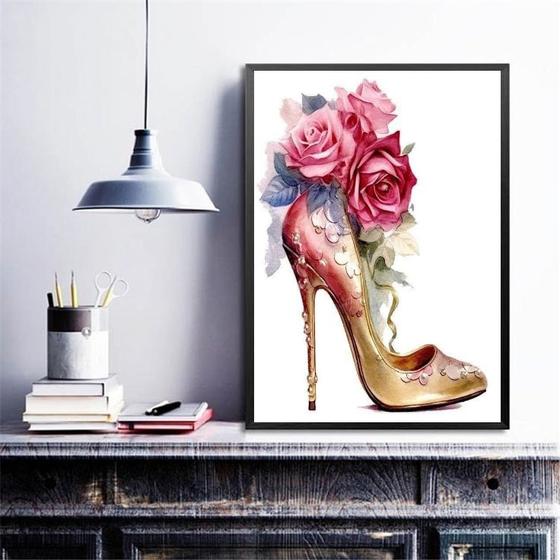 Imagem de Quadro Decorativo Sapato De Salto Com Flores 45x34cm - com vidro