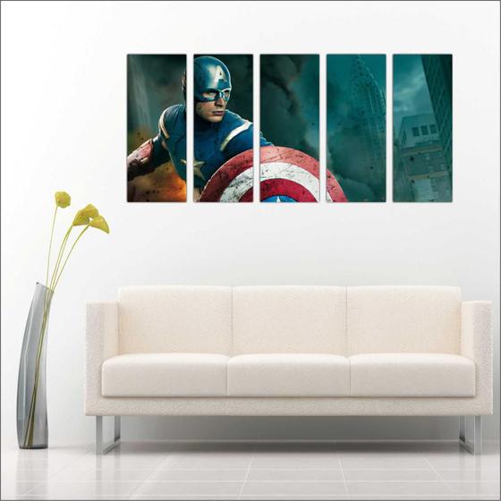 Quadro Decorativo Super Heróis Capitão América Mosaico 5 Peças GG1 Menor preço em Quadro Decorativo Super Heróis Capitão América Mosaico 5 Peças GG1