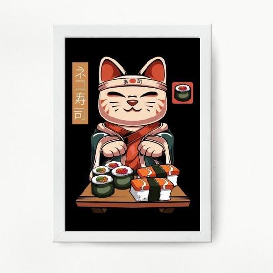 Imagem de Quadro decorativo Sushi Cat 33x24cm - Vidro e moldura branca