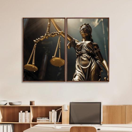 Imagem de Quadro Decorativo Temático Direito Balança da Justiça com 2 Telas de Parede para Escritório Sala Hal Sem Vidro