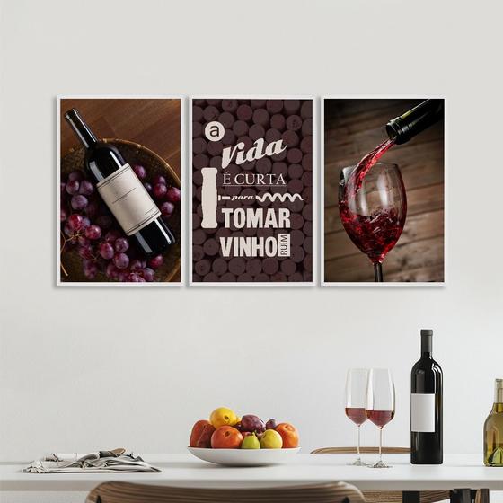 Imagem de Quadro Decorativo Temático Vinhos A Vida é Curta com 3 Telas 50x75 e 60x90 para Quarto Hall Lavabo