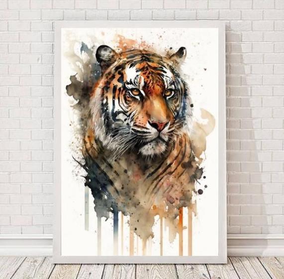 Imagem de Quadro Decorativo Tigre Aquarela 33x24cm - Madeira Branca