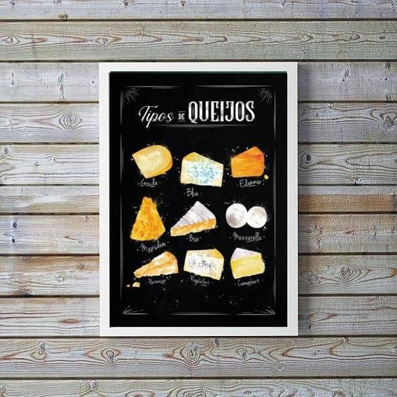 Imagem de Quadro Decorativo Tipos de Queijo 33x24cm Madeira Branca