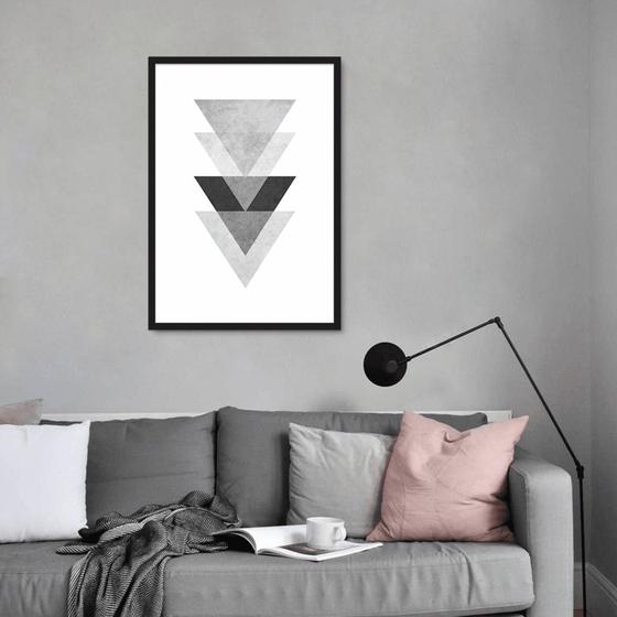 Imagem de Quadro Decorativo Triangulo Escandinavo, Tons de Cinza Moldura Caixa, Preta