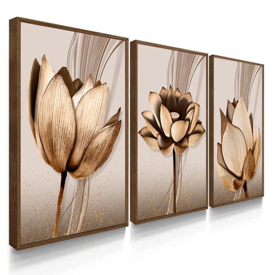 Quadro Decorativo Trio Flor Cobre Flores Bege Sala 70x50 com Moldura