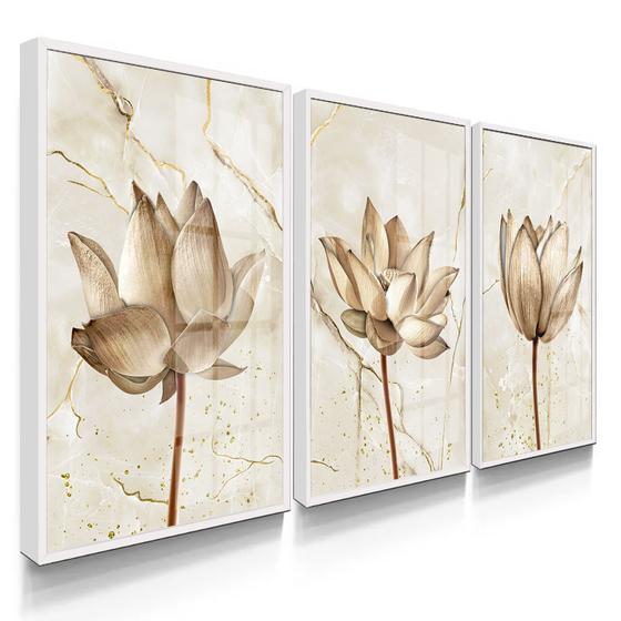 Quadro Decorativo Trio Flor Quartzo Moderno Kit Para Sala 55x40 com Moldura e Vidro