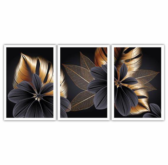 Imagem de Quadro Decorativo Trio Folhas Preto e Gold 60x40 Sala Quarto