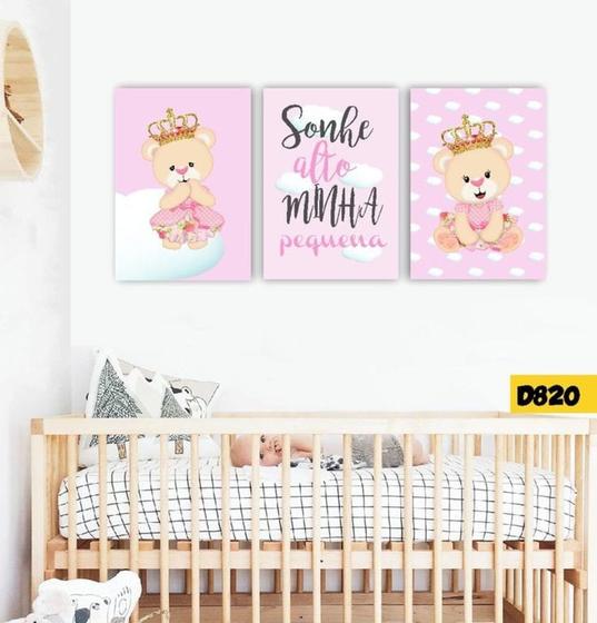 Imagem de Quadro Decorativo Ursinha Sonhe Alto Minha Pequena Para Quarto Infantil Bebê Kit 3 peças 20x30cm