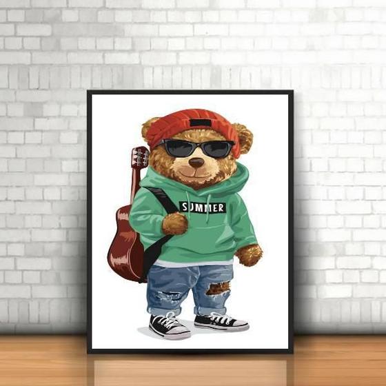 Imagem de Quadro Decorativo Urso Músico 33X24Cm Moldura Branca