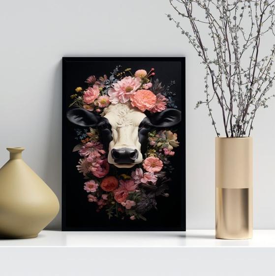 Imagem de Quadro Decorativo Vaca Com Flores 45x34cm - com vidro