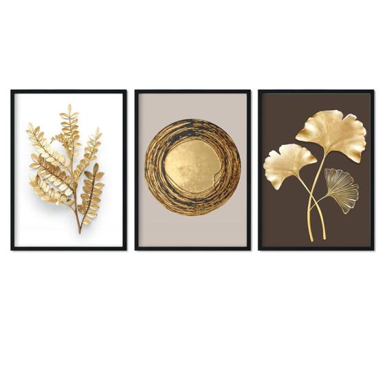 Imagem de Quadro Decorativo Vidro Abstrato Círculo Dourado Folhas Brancas Tropical Sala Quarto